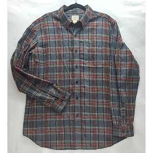 LL Bean Size Large Long-Sleeve Flannel Shirt Traditional Fit Mens Plaid Gray Red